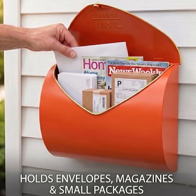 Orange Wall Mount Mailbox for Outside,Waterproof Metal Mailboxes with Rust-Proof Galvanized Steel,Large Capacity Envelope Mailbox for House,12.99 x 10.35 x 3.5 Inch