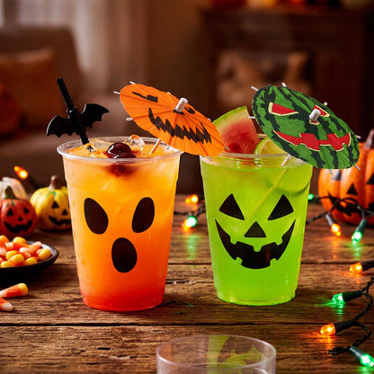 FoldTier 24 Set 12oz Summer Halloween Plastic Cups with Drink Umbrella Picks Bulk Halloween Cups with Cocktail Umbrella Stirrers Jack O Lantern Ghost Design for Trick or Treat Boo Party Supplies