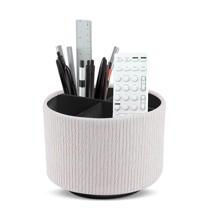 Lvkjafaz Round Leather Art Supply Organizer,Remote Control Holder,360 Degree Spinning,Multi-Functional Pencil Holder,4 Compartments Desktop Stationary Organizer(1-Wood Beige)
