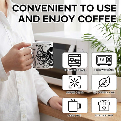 15 oz White & Black Boho Ceramic Coffee Mug with Octopus Art - Comes with a Gift Card - Unique Novelty and Cool Mugs for Men and Women, Ocean Themed Decor and Fun Gifts