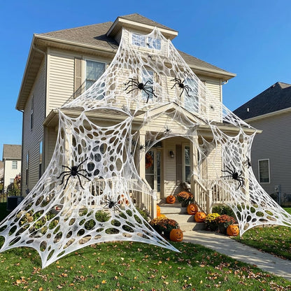 1000 Sqft（After Streched with Holes）Uncut Giant DIY Spider Web Halloween Decorations Outdoor with 10 Ground Nails Stretchy Beef Cloth Netting Cut-Your-Own Flexible Elastic for Yard Party Decor
