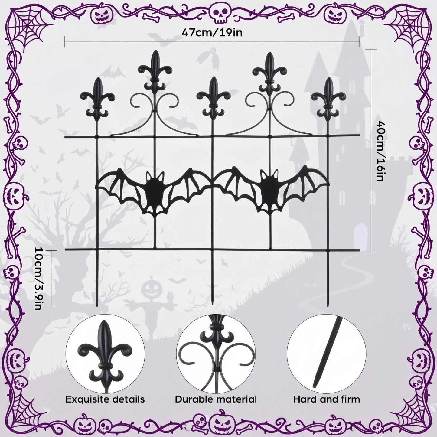 Otoolling 4 Pcs Halloween Fence Decoration Metal Gothic Black Garden Fence Panel, Spooky Outdoor Yard Prop for Haunted House, Graveyard, Party Decor (Bat,19"x16")