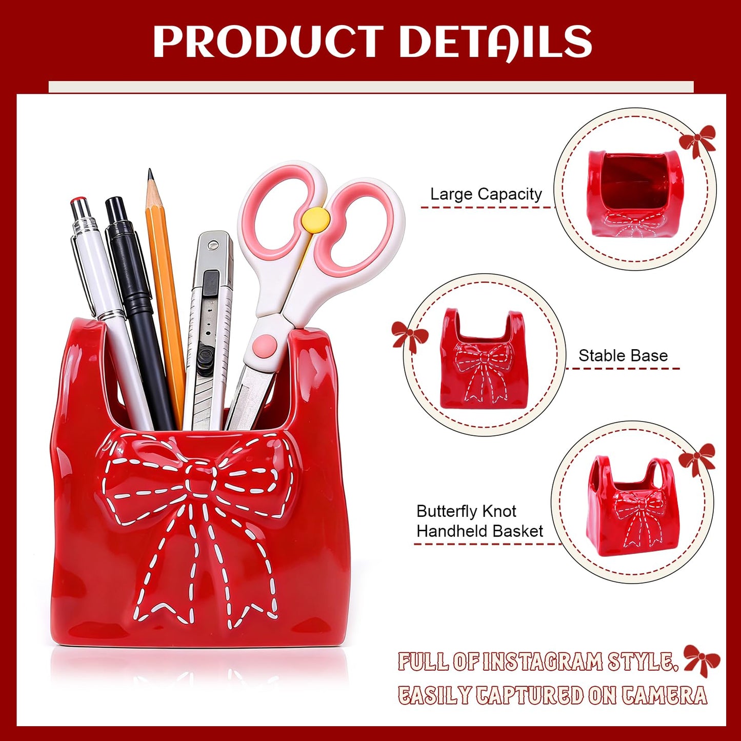 elephtree Bow Ceramic Pen Holder for Desk, Cute Pen Holder for Desk & Makeup Brush Holder, Multi‑Use Toothbrush Holders, Girly Desk Accessories for Office, Bathroom, Vanity Gift for Women Girls