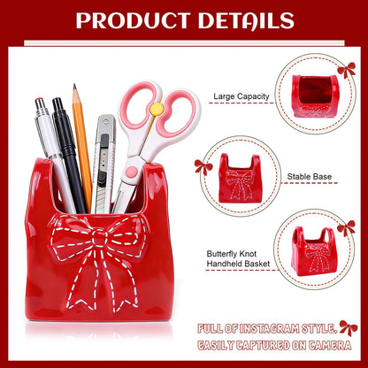 elephtree Bow Ceramic Pen Holder for Desk, Cute Pen Holder for Desk & Makeup Brush Holder, Multi‑Use Toothbrush Holders, Girly Desk Accessories for Office, Bathroom, Vanity Gift for Women Girls