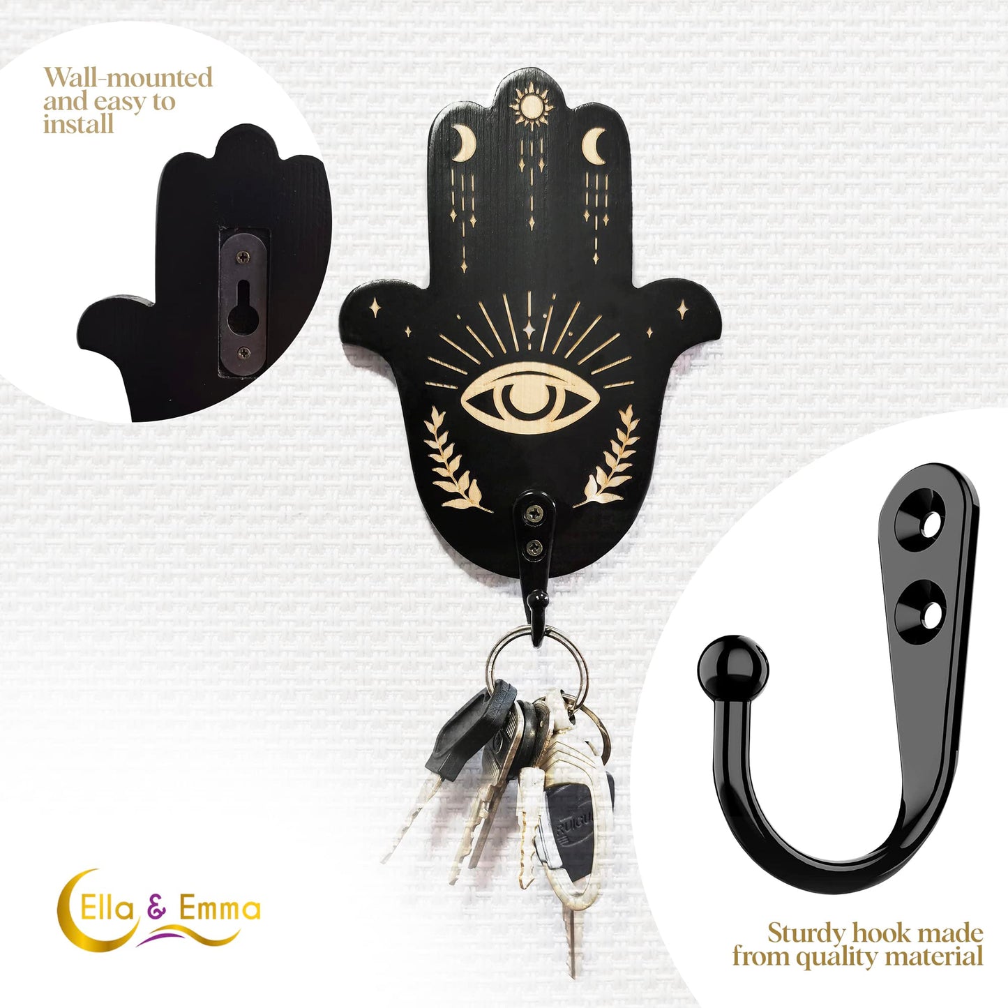 Ella & Emma Wall Mounted Coffin-Shaped Key Holder - Gothic Home Decor Wall Hanger with Hook - Gothic & Spooky Halloween Decor for Home - 2 Pieces (HAMSAHAND)