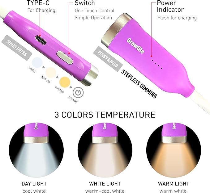 Neck Reading Light, 3 Color & Brightness Adjustable Book Light for Reading in Bed, Hands-Free, Lightweight, USB C Rechargeable, Eye-Caring, Perfect for Crafts, Camping, Kids & Adults (purple)