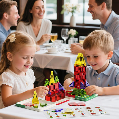 MEIQ Travel Magnetic Tiles for Kids, 26 PCs Mini Magnetic Building Blocks with Festive Iron Storage Box, STEM Travel Toys for Toddlers Ages 3-5+, Educational Learning Gift for Boys & Girls