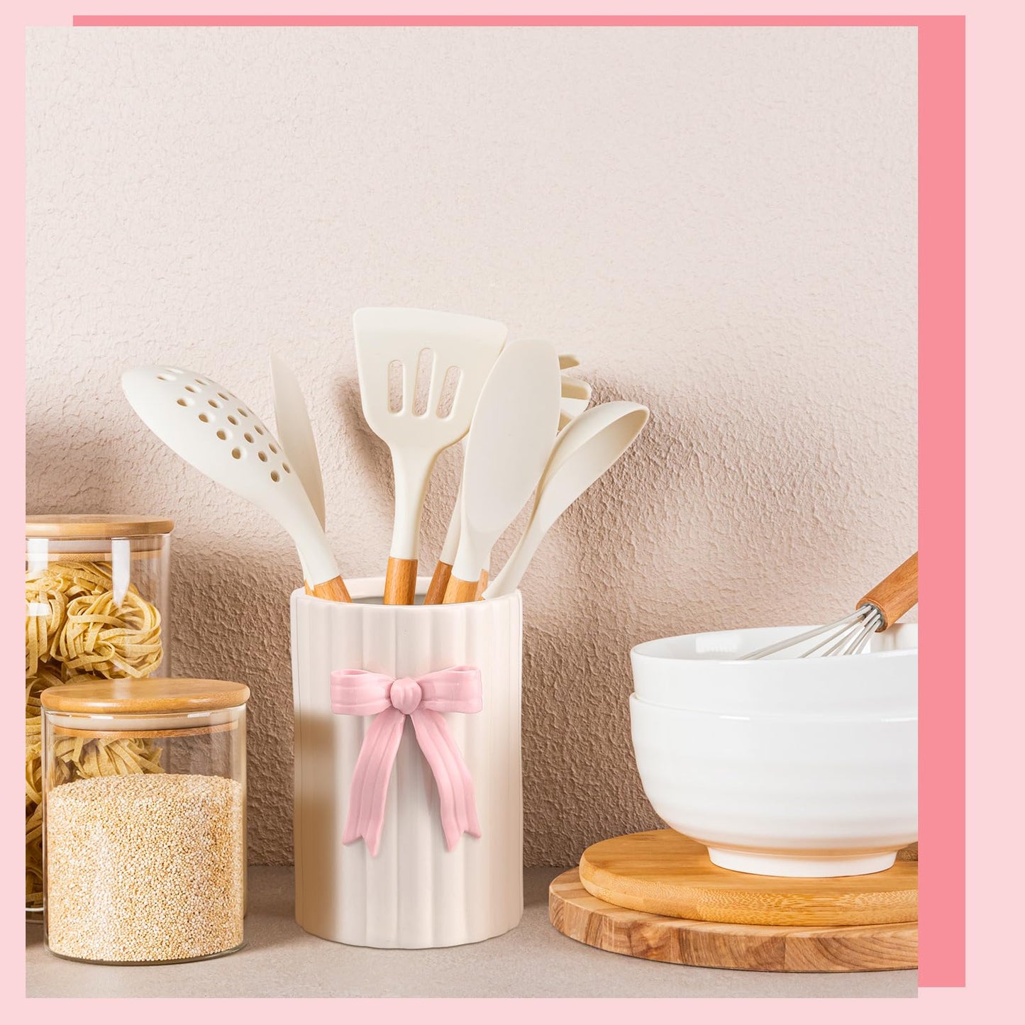 LemonRoad Pink Bow Ceramic Utensil Holder 3D Coquette Handmade Pink Kitchen Decor Gifts for Mom Cooking Utensil Crock with Scalloped Preppy Caddy Pen Holder Vase Back to School