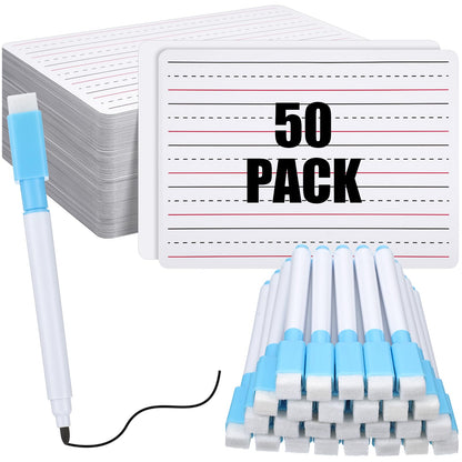 ReliThick 50 Pcs Lined Dry Erase Board with Markers 9 x 12 Double Sided Whiteboards Dry Erase Lapboards with Lines Ruled Writing Board Handwriting Practice
