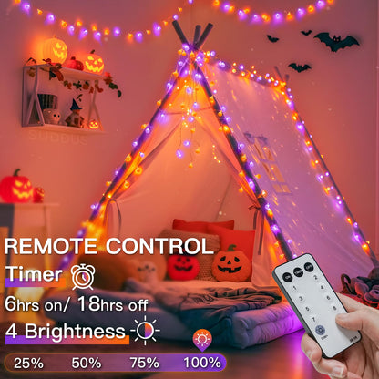 suddus Halloween Lights Indoor with Remote, 33ft 100 Led Purple and Orange Globe String Lights, Fairy Lights Plug in with 8 Lighting Modes for Bedroom, Home, Office, Halloween Decorations