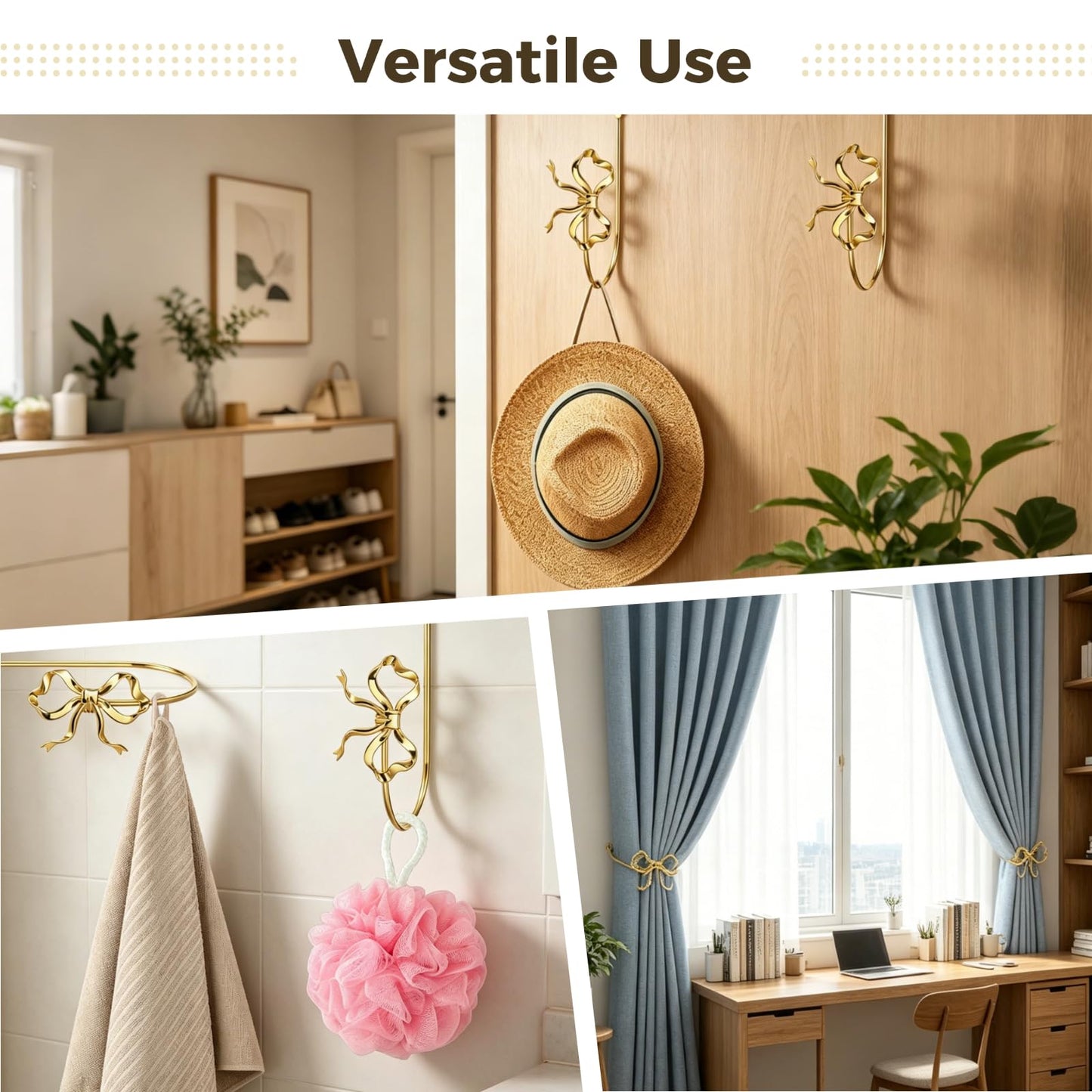 2PCS Metal Bow Curtain Holdbacks Gold Wall Mounted Curtain Hold Backs, 7.5 x 3.6 x 2.5 in Heavy Duty Zinc Alloy Wall Mounted Hooks, Decorative Tiebacks, Multipurpose Hangers for Living Room Bedroom