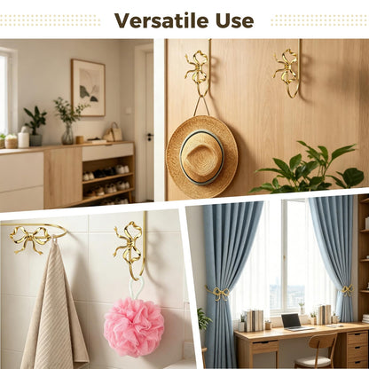 2PCS Metal Bow Curtain Holdbacks Gold Wall Mounted Curtain Hold Backs, 7.5 x 3.6 x 2.5 in Heavy Duty Zinc Alloy Wall Mounted Hooks, Decorative Tiebacks, Multipurpose Hangers for Living Room Bedroom
