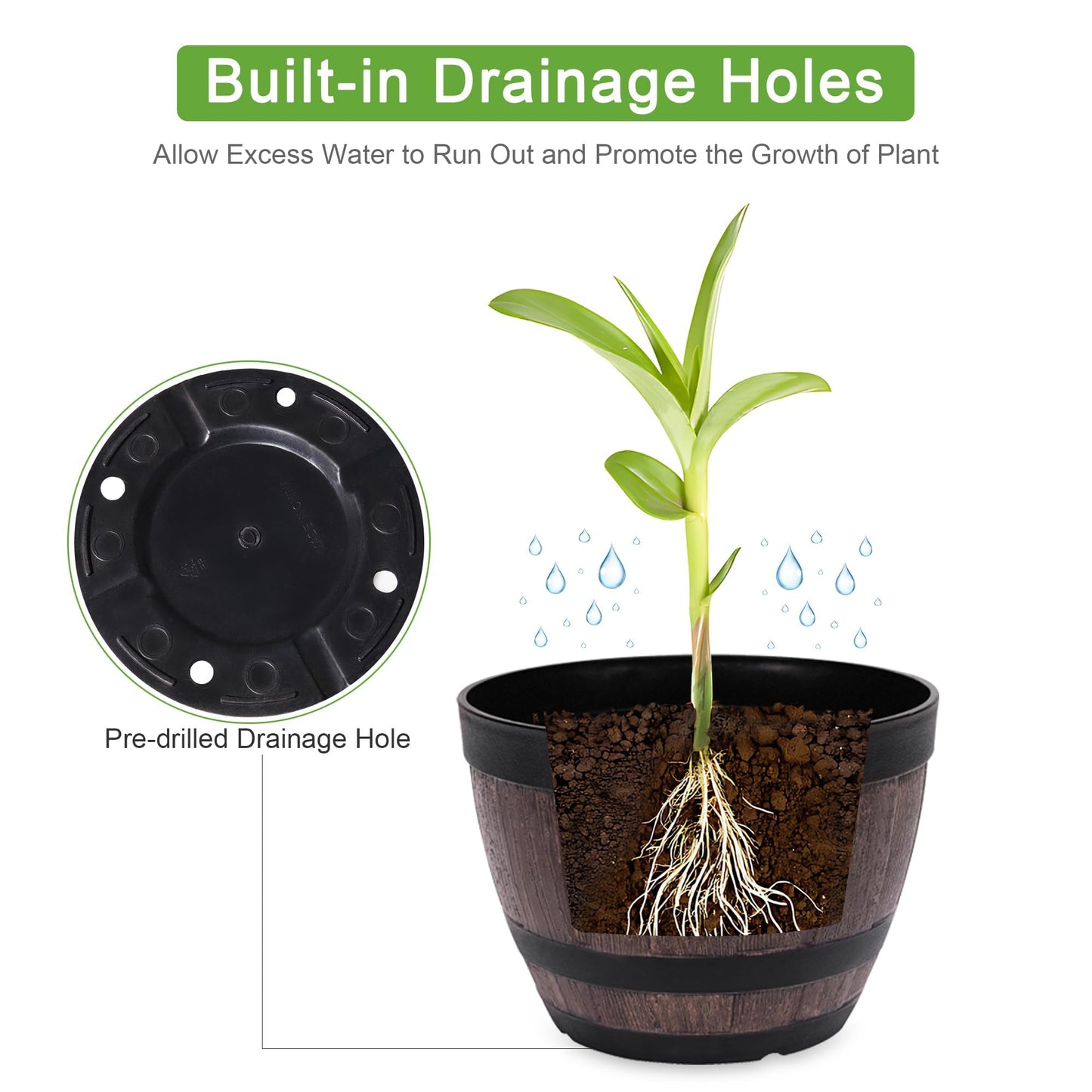 VECELO Plant Pots with Drainage Holes & Saucer, 9 Inch Flower Pots with Tray, 3 Pack Plastic Whiskey Barrel Planters for Indoor & Outdoor Garden Home Plants and Flowers
