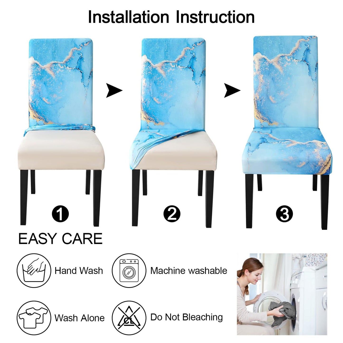 JQinHome Ink Art Painting Chair Covers for Dining Room Set of 6, High Stretch Removable Washable Parsons Chair Slipcover for Home Party Hotel Wedding Ceremony (Blue Marble,6PCS)
