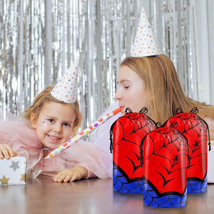 HLHLLSW 50 PCS Spider Web Drawstring Bags, Red Blue Plastic Goodie Candy Bags with Drawstring, for Kids Spider Theme Birthday Party Favors Decorations & Supplies
