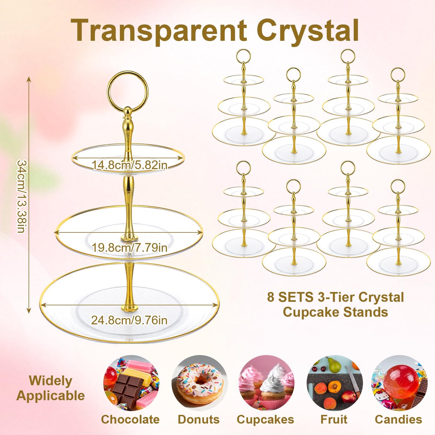 8Pack 3 Tier Cupcake Stand Bulk, Plastic Clear 3 Tiered Dessert Stand with Gold Edges Thick Round Shape Serving Dessert Tray for Tea Party Wedding Birthday Halloween Christmas Party Decorations