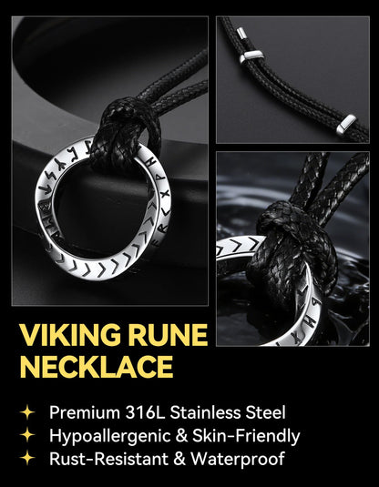 ChainsHouse Viking Runes Mobius Ring Necklace for Men, Stainless Steel Norse Rune Pendant with Adjustable Black Leather Wax Rope Chain 16-32 Inch Nordic Amulet Jewelry