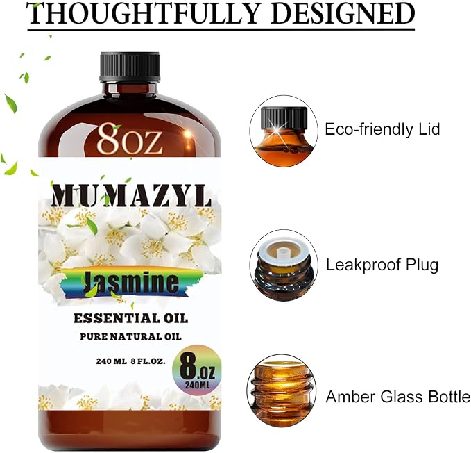 Jasmine Essential Oil, Jasmine Oil 8 Fl Oz 240ML for Diffuser Humidifier Yoga Cleaning DIY Candle Soap Making MUMAZYL Essential Oils