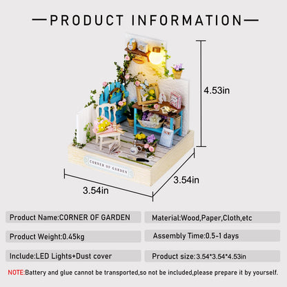 CUTEROOM DIY Doll House Miniature Furniture Wooden House Kit with Dust Cover & LED Light and Accessories -Corner of Garden
