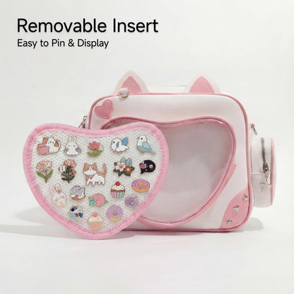 SUSTRALO Pink Cat Ita Bag Backpack with Insert, Kawaii Heart Clear Window Pin Display Backpack, Convertible PU Leather Ita Shoulder Crossbody Bag for Anime Collection