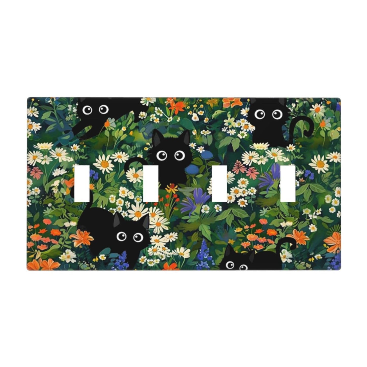 Cute Black/Green Cats Decorative 4-Gang Quad Toggle Light Switch Wall Plate Cover, Nursery Playroom Summer Floral Flower Jungle Quadruple Toggle Device Switches Wall Plate Outlet Covers Standard Size