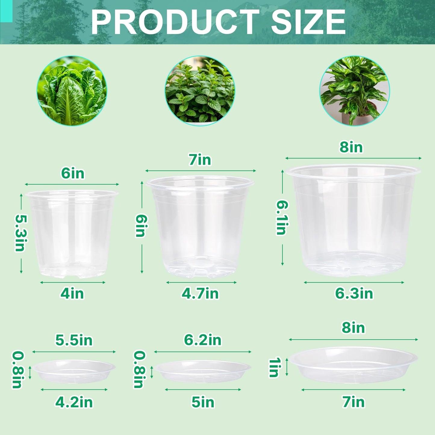 OUPSAUI 8/7/6 Inch Clear Nursery Pots with Drainage and Trays, 9 Pack Large Plastic Pots for Plant, Seedling Starter Pot, Garden Pots for Succulents Flower Vegetables Herb