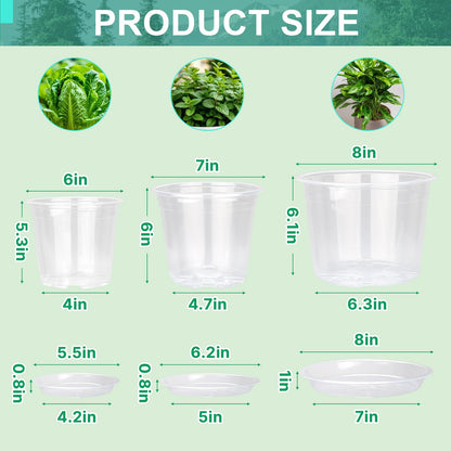 OUPSAUI 8/7/6 Inch Clear Nursery Pots with Drainage and Trays, 9 Pack Large Plastic Pots for Plant, Seedling Starter Pot, Garden Pots for Succulents Flower Vegetables Herb
