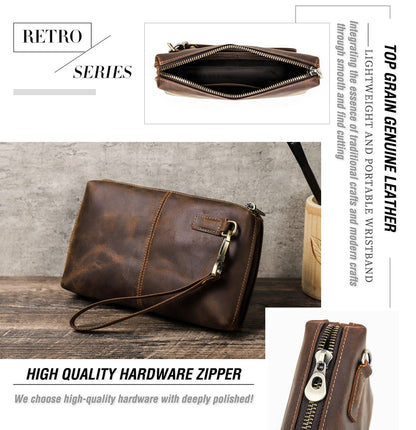 Top Grain Genuine Leather Clutch Wallet with Wristlet for Man & Woman, Handmade Simple Retro Vintage Design, Multi Pockets & Card Slots, RFID Large Capacity for Cards/ID/Checks/Banknote/Phone, Coffee