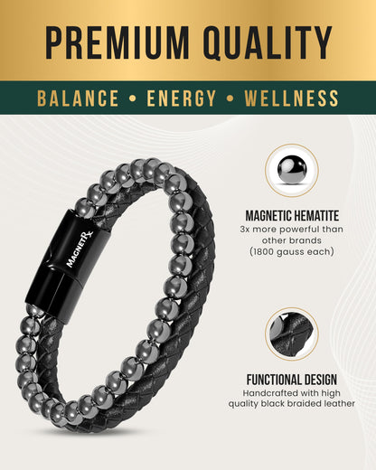 MagnetRX® Hematite & Leather Magnetic Bracelet – Max Strength Natural Stones – Beaded Magnetic Hematite Bracelets (Medium)