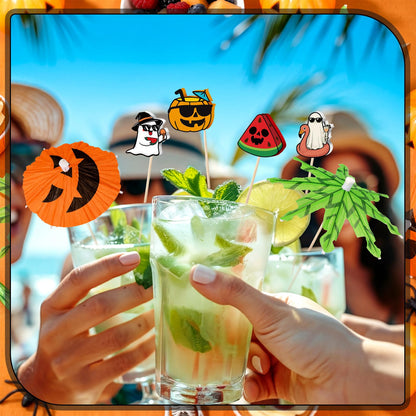 Remerry 160 Pcs Summer Halloween Cocktail Drink Accessories 60 Drink Umbrellas Straws Toothpicks 100 4.7 Inch Fruit Toothpicks Pumpkin Ghost Halloween Tropical Luau Hawaiian Beach Party Decorations