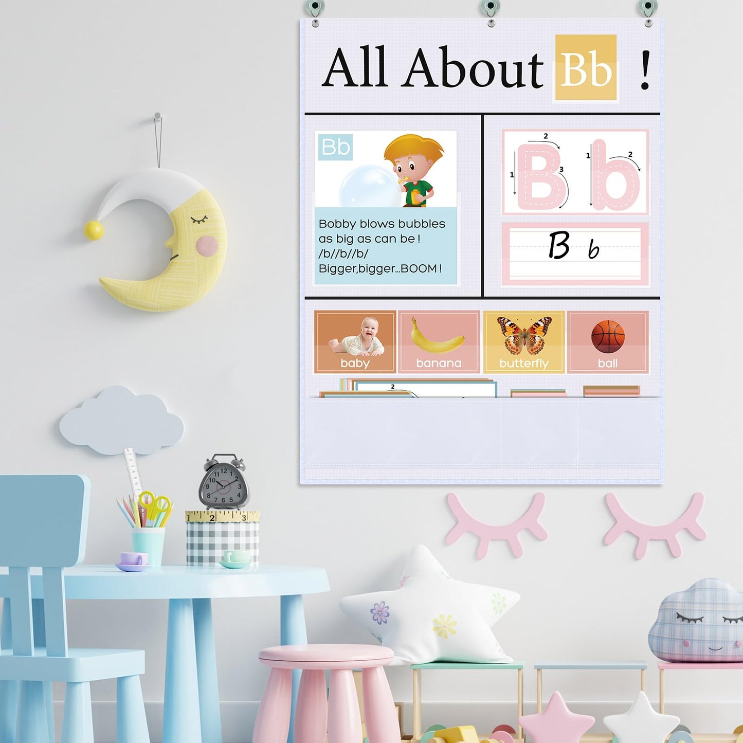 Blosssound 34 x 27 All About Letter Pocket Chart 103 ABC Flash Cards Letter of The Day Week Chart Alphabet Tracing Educational Wall Poster Teachers Homeschool Learning Activities(White)