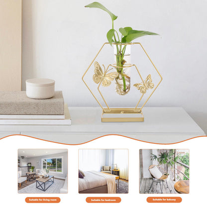 DECORNIJIA Metal Framed Glass Vase with Butterfly Pattern, Hexagonal Hydroponic Flower Pot for Desktop Decoration, Home Terrarium Plant Holder for Living Room Table
