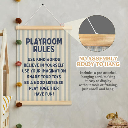 MOFUYU Playroom Wall Decor,Play Room Essentials,Nursery Playroom Rules Wall Art with Wooden Frames,Blue Poster Hanger Frame for Playroom Nursery Bedroom 12x16 Inch