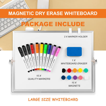 Dry Erase White Board, Aisuoker 16 x 12inch Magnetic Desktop Whiteboard with Stand,10 Markers, 10 Magnets and 1 Eraser, Portable Double-Sided White Board for Kid Drawing Memo to Do and List Wall-White