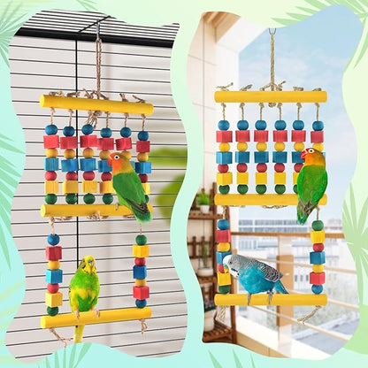 DBNESS Bird Toys, Parrot Chew Swing Toy with Perches Stand, Hanging Colorful Wood Block Bird Cage Accessories for Small to Medium Quaker African Grey Budgie Cockatiels Amazon Parrots