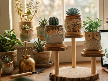 2.5"mini ceramic Cute Owl Animal Succulent Flower Pot Outdoor Bamboo Wooden Small Planter Stand Gift Set for Home,Office,Living Room,Bedroom Decoration,Windowsill,Indoor Desk,Kitchen Decor (3 Tier)