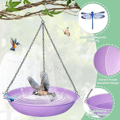 Hanging Bird Bath for Outdoors,Metal Birdbath Bowl with Magnetic Dragonfly Decor Garden Bird Feeder & Water Basin for Backyard,Patio,Decoration,11 Inch Purple Speckled