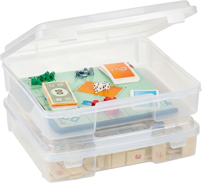 IRIS USA Board Game Storage Containers, 2-Pack |Made in USA| Organizers with Built-In Handle & Snap-Tight Lid for Puzzles, Scrapbook, and Fits 8.5" x 11" or A4 Papers, Thick - Clear