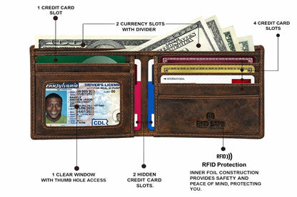 Stand American Men's Full Grain Hunter Leather Bifold Wallet with RFID Blocking - Slim Design with Total 7 Card Slots (2 Concealed Card Slots) ID Window & 2 Cash Pockets With Premium Stiching (TAN)