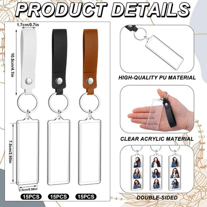 ForraFun 30 Pcs 1x3 Inch PU Leather Mini Photo Strip Keychain Frames Acrylic Photo Booth Keychain Picture Keyring Holder Blank for Wedding Birthday Gift Photobooth Party Favors