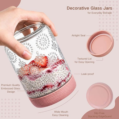 Glass Overnight Oats Containers with Airtight Lids, Decorative Mason Jars | Glass Food Storage Containers for Meal Prep, Chia Seed Pudding, Salad, Snacks, Yogurt, 6 pack16oz, Wide Mouth,Dishwasher Safe