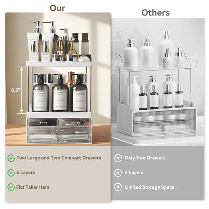 Brothersbox Bathroom Organizers and Storage, 5-Tier 4-Drawer Makeup Organizer Countertop, Multi-Purpose Large Makeup Vanity Organizer, Hair Product, Perfume & Skincare Storage, White