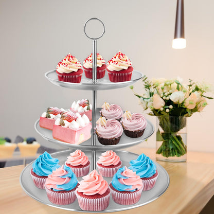 LIAISIMI 3 Tier Silver Cupcake Stand Stainless Steel Dessert Display Rack with Removable Tiered Tray for Parties,Weddings,Birthdays,Decorations,Any Festivals and Festivities(Stainless Steel Pole)