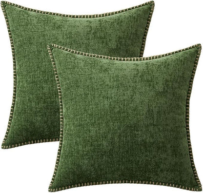 MIULEE Pack of 2 Couch Pillow Covers 20x20 Inch Moss Green Farmhouse Decorative Throw Pillow Covers with Stitched Edge Soft Chenille Solid Dyed Pillow Covers for Sofa Bed Living Room, Forest Green