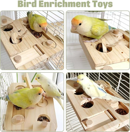 BNOSDM Wooden Bird Foraging Toys with Enrichment Puzzle for Training & Chewing Natural Wood Stand Platform Feeder Cage Accessoriesfor Small and Medium Parrots, Parakeets, Cockatiels, Sun Conures