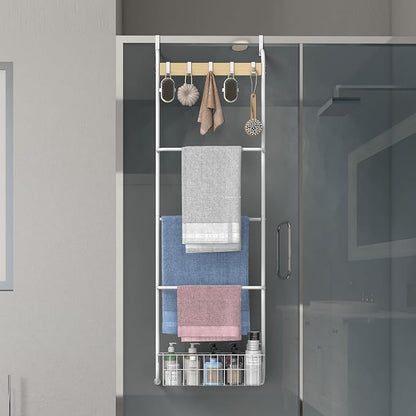 Over The Door Towel Rack,5-Tier Over Door Towel Racks for Bathroom,Towel Rack with Hooks and Basket Door Hanging,Blanket Ladder for Living Room White