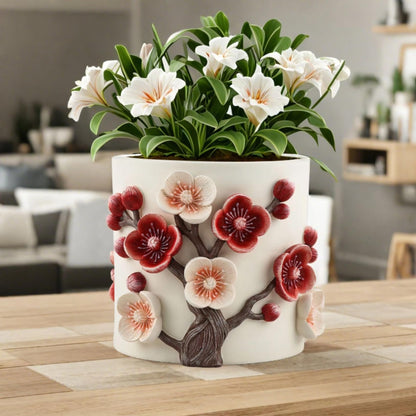 Gueiddi Flower Pot, 5 Inch Cute Plant Pots with Plum Blossom Design, Resin Decorative Flower Pots with Drainage for Indoor Plants, Succulents, Home and Garden Decor