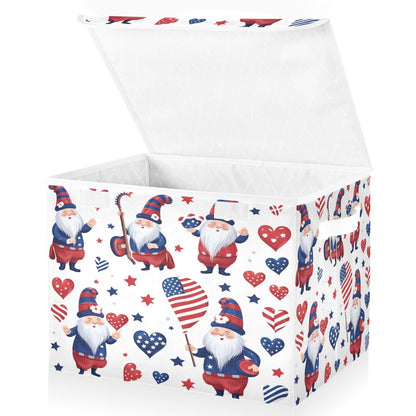 Storage Bins with Lids and Handles,American Day Flag Stars Gnomes Storage Box Storage Basket with Cover Collapsible Organizer Containers for Home Closet, Shelves