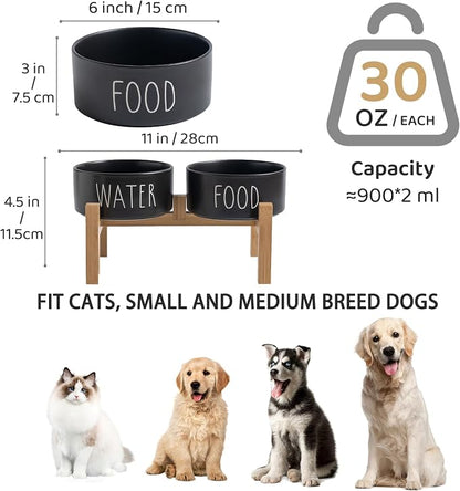 Elevated Ceramic Dog Bowls Set - Food & Water Lettering Raised Dog Bowl with Non-Slip Bamboo Stand for Small and Medium Dogs, Weighted Dogs Dishes Pet Bowls (6 inch, 2 * 30oz, Black)