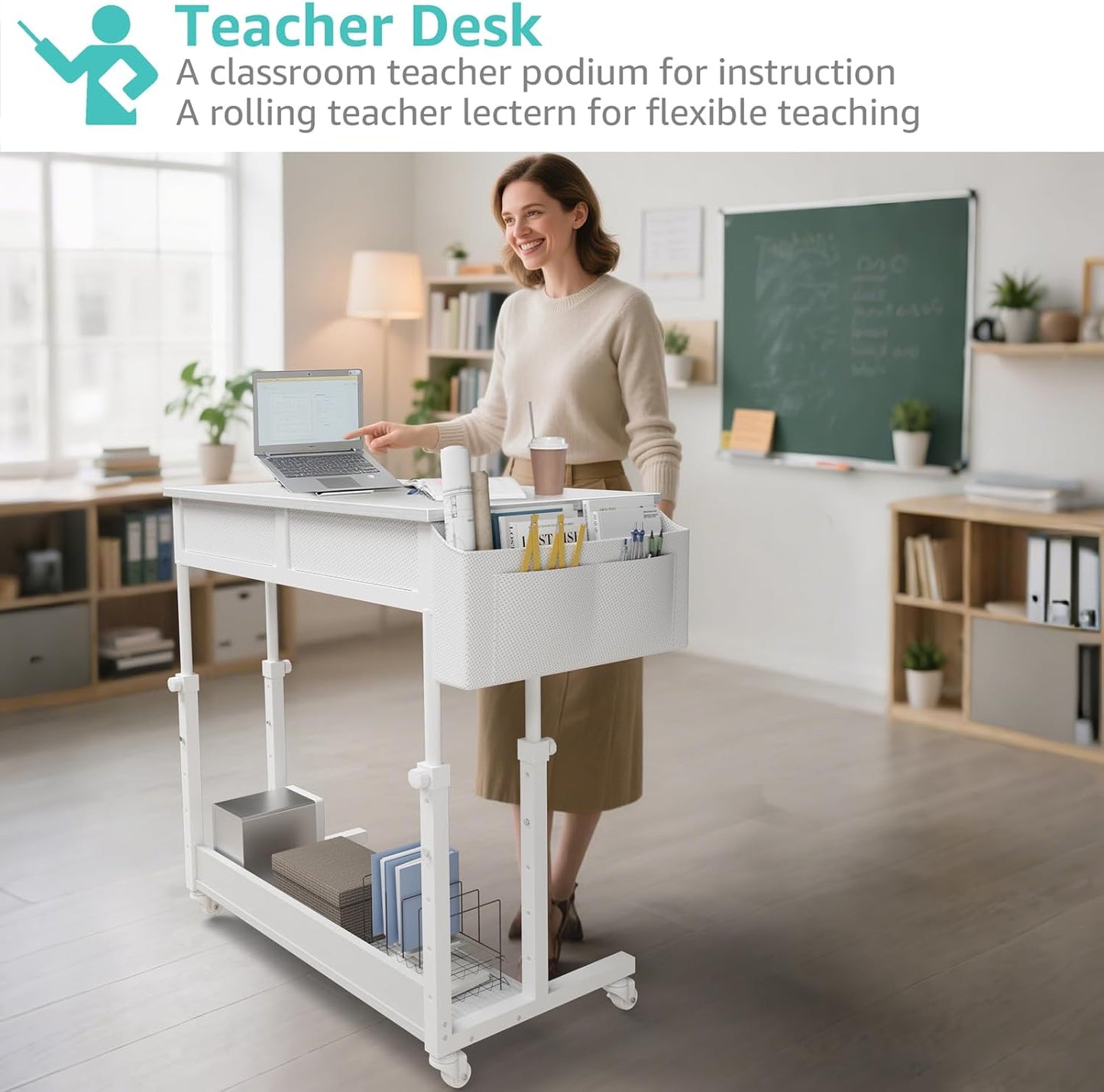 Small White Portable Rolling Desk - 32 Inch Adjustable Mobile Standing Teacher Desks with 2 Fabric Drawers on Wheels, Couch Sofa Side Laptop Table with Storage for Bedroom Home Office, White